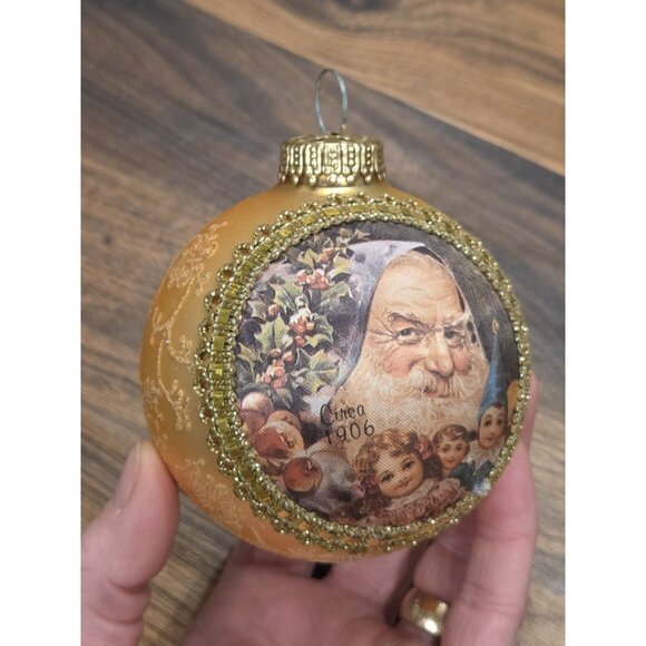 Unbranded Other - Vtg Germany Glass Christmas Ornament Santa Children Gold Ball 4” Hand Decorated